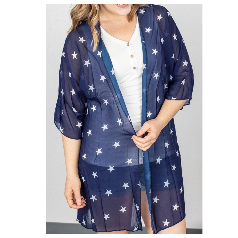 SOLD-NWT L&B {Boutique} Flag Star Kimono Duster Cardigan - Picture 2 of 10